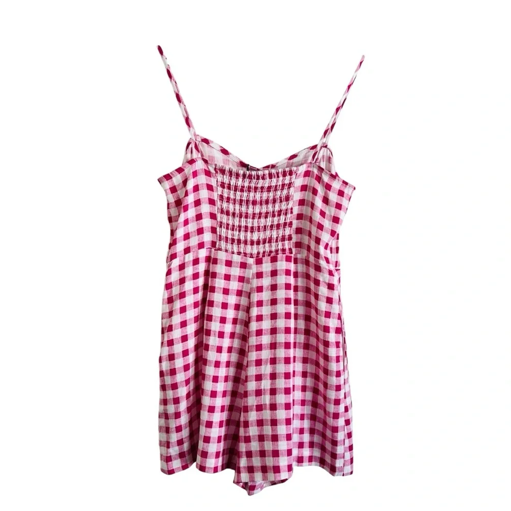 ZARA Pink Gingham Romper/ Mini Dress Sz M Linen Blend Playsuit Sweetheart  White